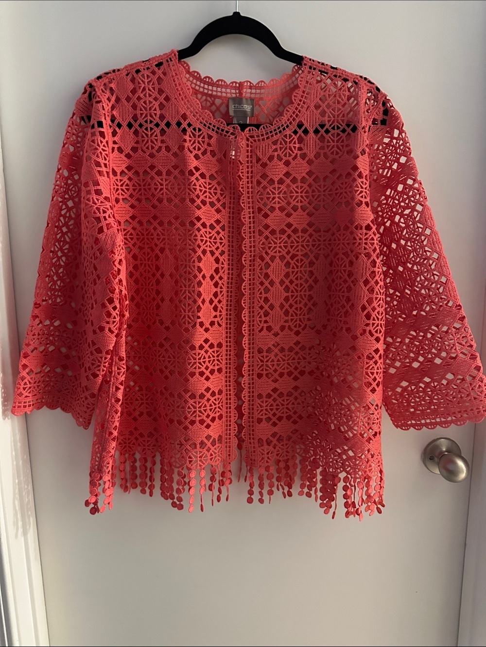 Chico's Coral Crochet Openwork Jacket with Fringe